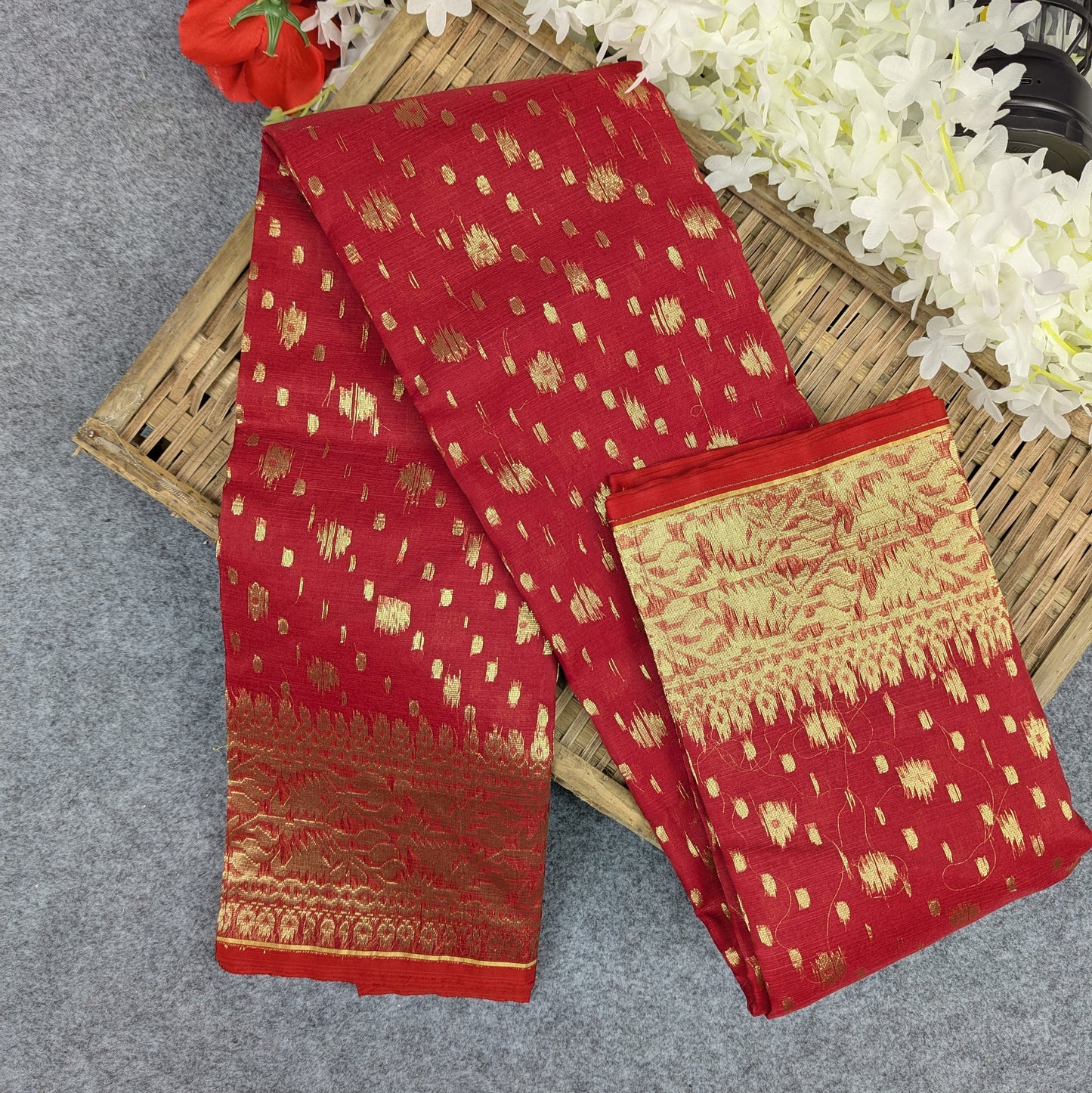 Half Silk Jamdani Saree - Red