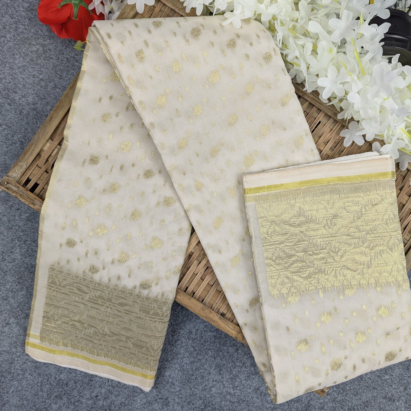 Premium Half Silk Jamdani Saree Combo Set - OFF-White