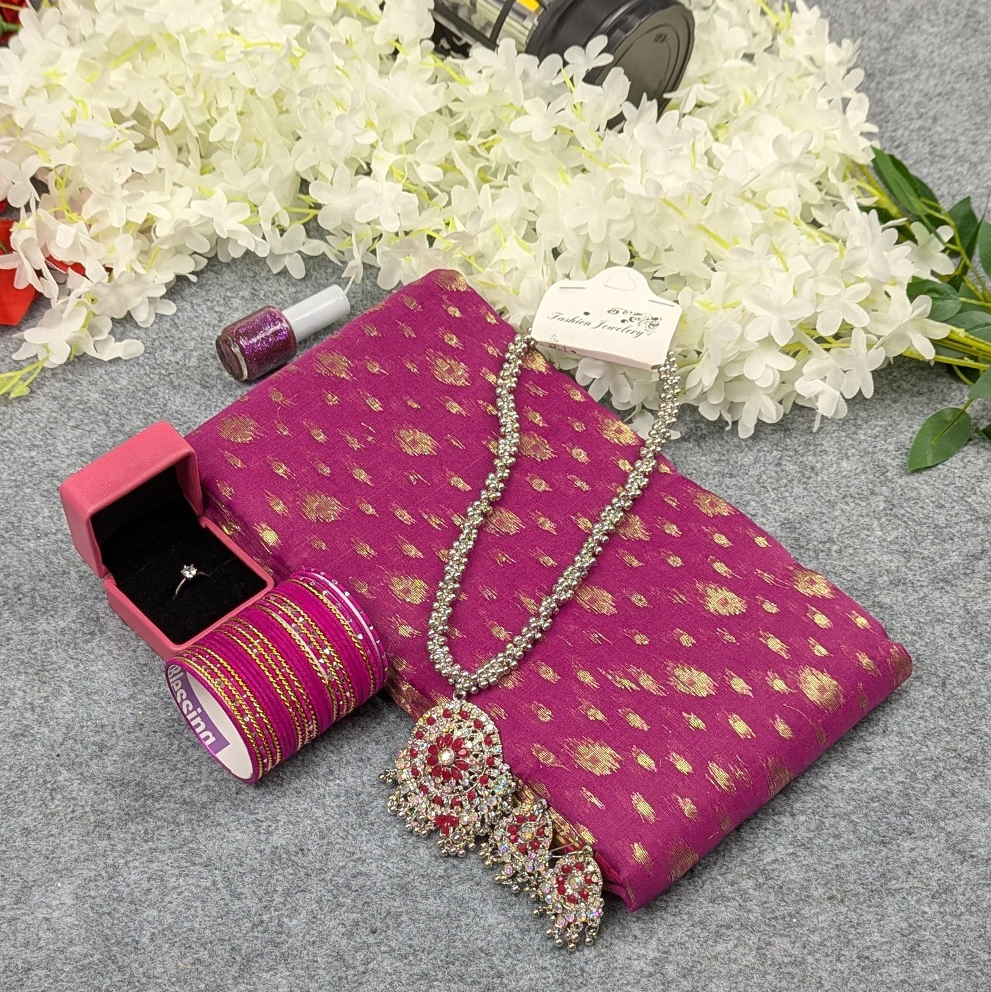 Premium Half Silk Jamdani Saree Combo Set - Purple