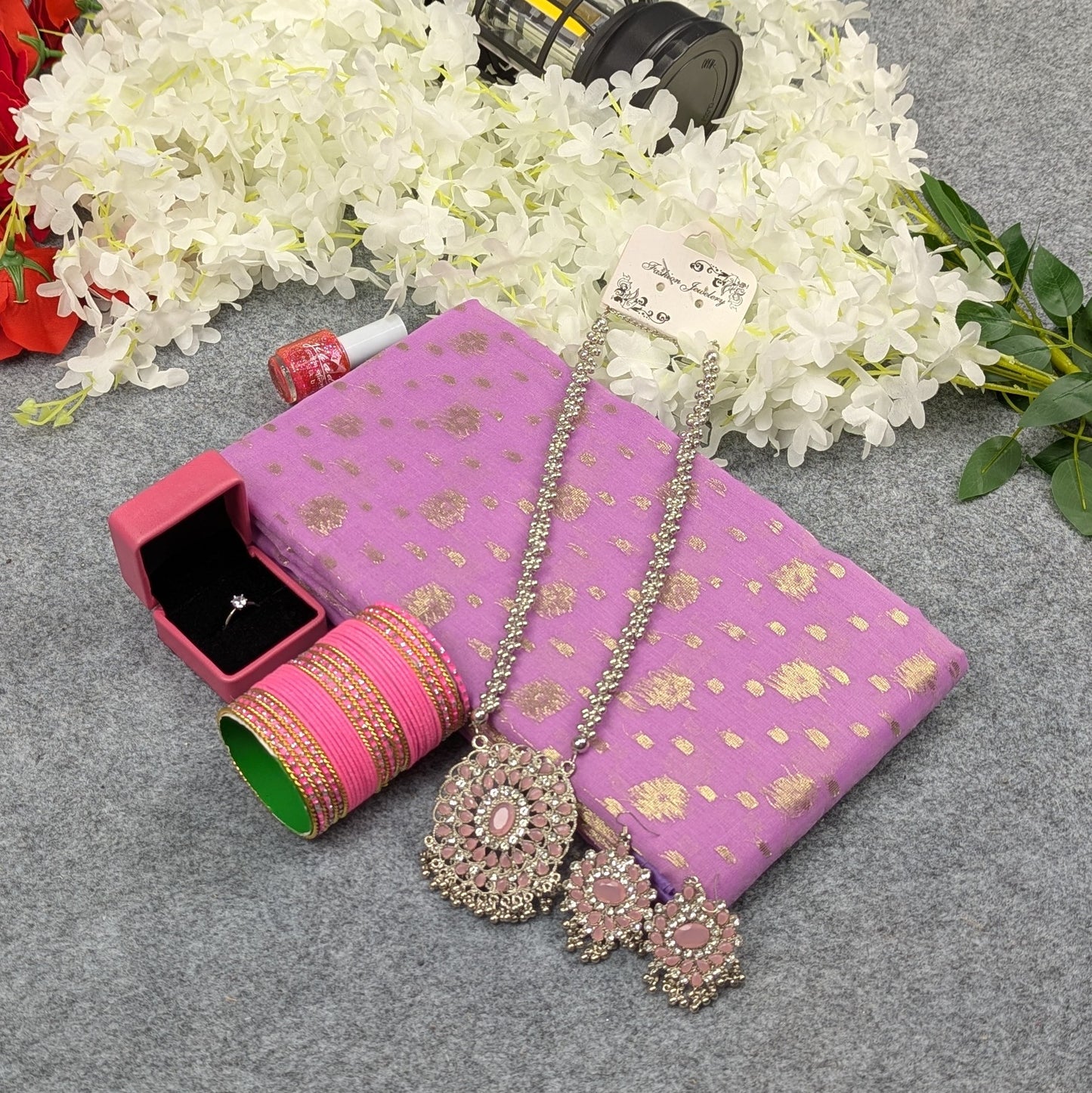 Premium Half Silk Jamdani Saree Combo Set - Light Purple
