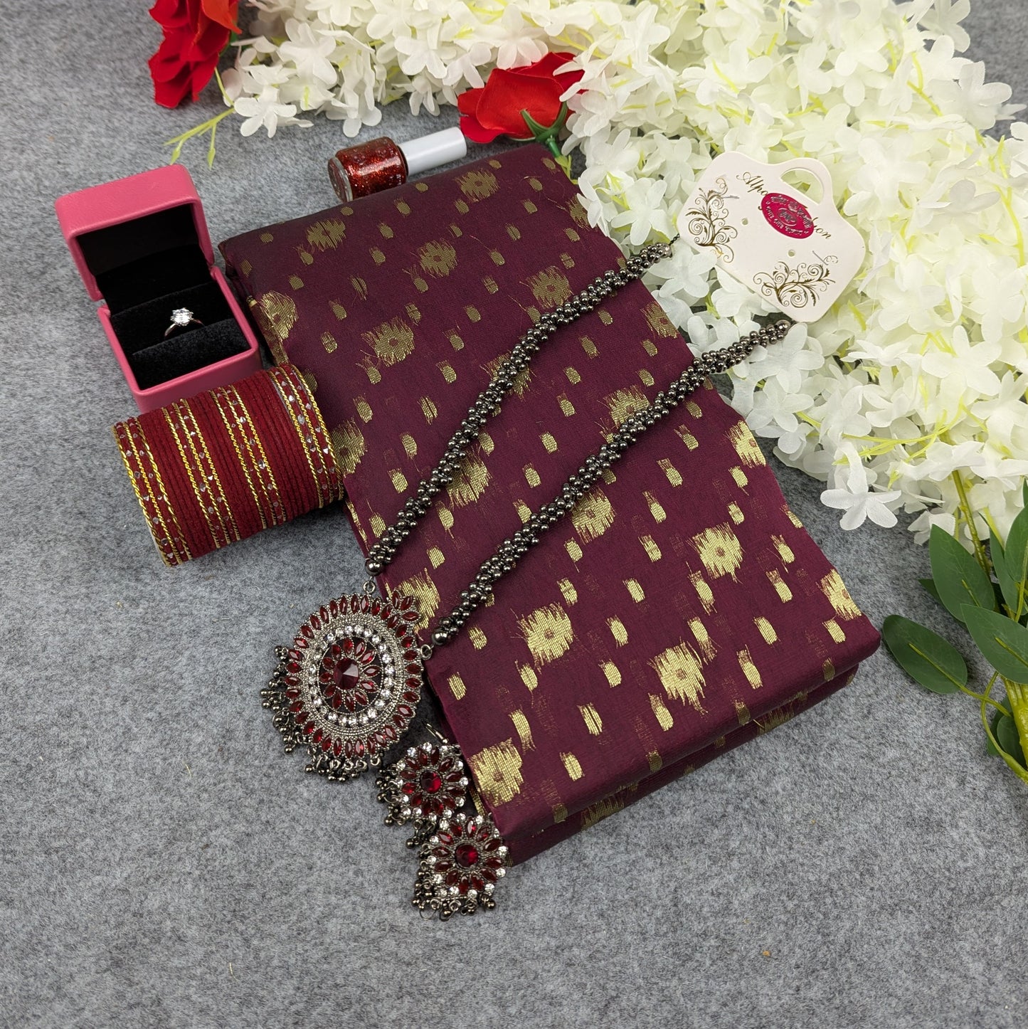 Premium Half Silk Jamdani Saree Combo Set - Maroon